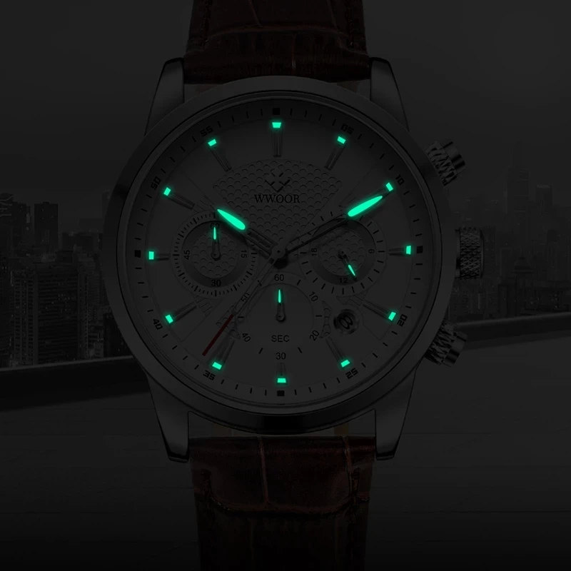 WWOOR 2021 Top Značky Luxusné Hodinky Mužov Klasické Kožené Business Quartz Kalendár Chronograf Nepremokavé náramkové hodinky Reloj Hombres 1