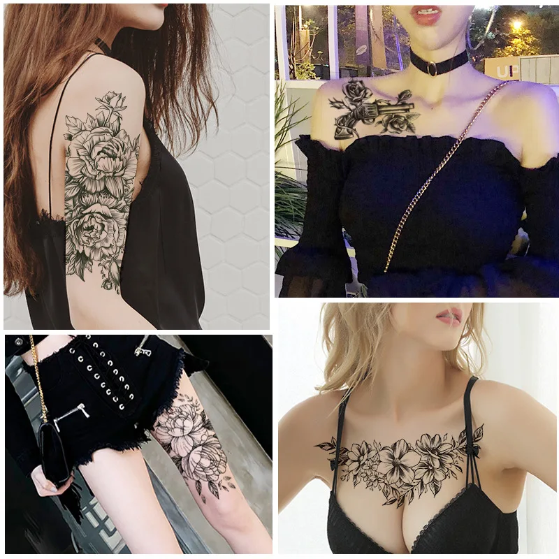 Čierny Kvet Body Art Nepremokavé Dočasné Tetovanie Sexy Stehna A Ramena Tetovanie Ruže Pre Ženy Flash Tetovanie Nálepky 1