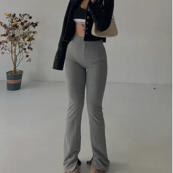 WOMENGAGA Split Dizajn Slim Strečové Nohavice Slim Vysoký Pás tmavosivé Bežné Nohavice Hot Girl Tesný Obličkového nohavice Nohavice CC8F