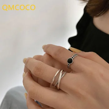 QMCOCO 2021 Nový Štýl Módy 925 Silver Jemné Šperky Čierny Kameň Tvorivé Osobnosti Retro Nastaviteľné Krúžky Narodeninám