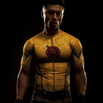 2021 Superhrdina krátke rukávy T-shirt letné módne športové fitness rýchle suché tesné tričko žlté flash cosplayt-shirt