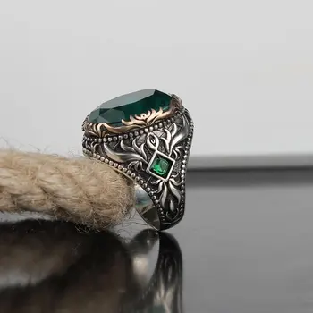 Emerald 925 Silver Vyryté Tradičné Ručne vyrábané turecký Signet Ring Šperky, Darček pre Ženy, Mužov