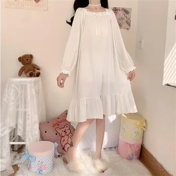 Nightgowns Ženy Biele Čipky Dizajn Dlhý Rukáv Sleepshirts Sladké Elegantné Obväz Námestie Golier Mäkké Sleepwear Dievčatá Ulzzang Chic 2