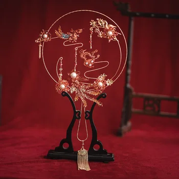 HIMSTORY Nové Čínske Červené Svadobné Ventilátor Kytice Strapec Ručné Korálkové Kvety Dávnych Svadobné Kovové Okrúhle Ruky Ventilátory Príslušenstvo 3