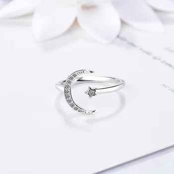 VOQ 925 Sterling Silver Jednoduché Zirkón Moon Star Prstene pre Ženy, Dievča, Nastaviteľná Veľkosť