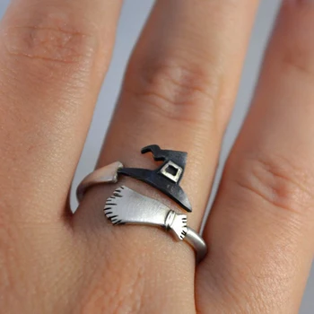 Predaj nových 925 strieborný prsteň Halloween ghost čarodejnice klobúk metlu otvoriť tvorivú príslušenstvo šperky darček prstene pre ženy