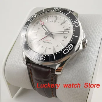 41mm č logo Luxusné hodinky biele dial Svetelný saphire sklo, Kožený remienok GMT Automatické muži Mechanické Hodinky-BA193 2