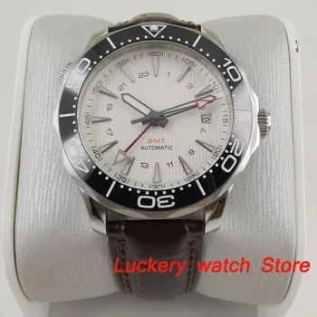41mm č logo Luxusné hodinky biele dial Svetelný saphire sklo, Kožený remienok GMT Automatické muži Mechanické Hodinky-BA193 3