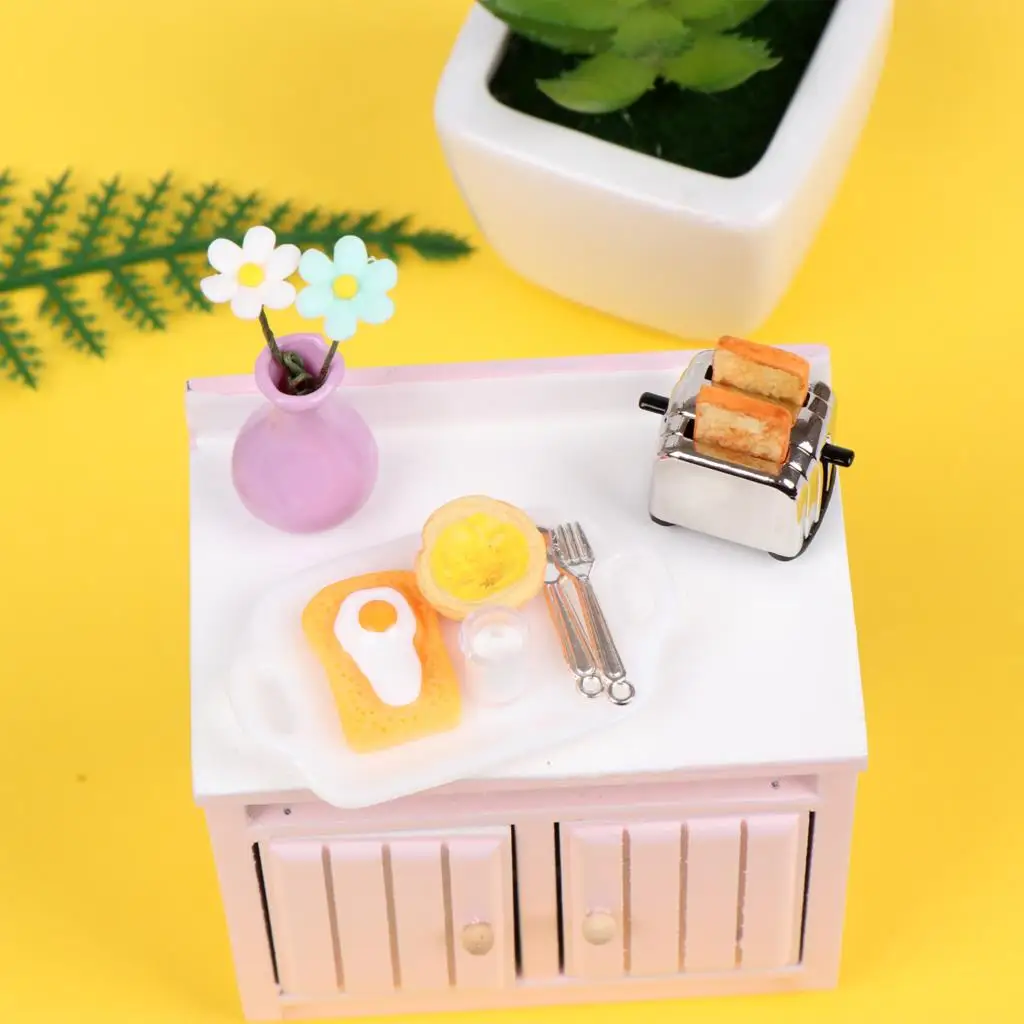 1Set domček pre bábiky Simulácia Mini Kuchyňa Scény Jedlo Dekorácie Raňajky Predstierať, že Hrať Mlieko Vajcia Model Chlieb Stroj S Toast 2