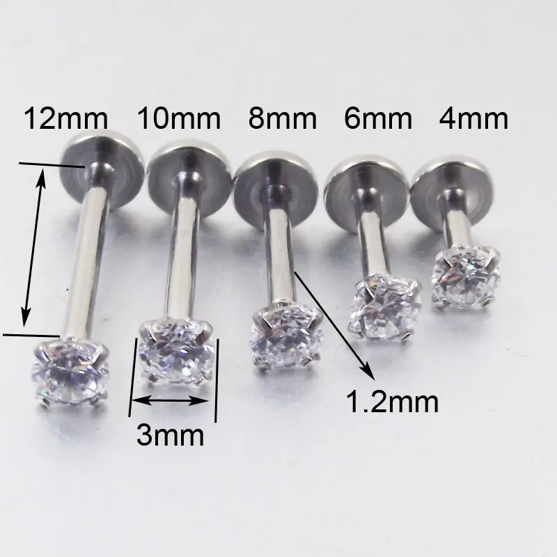 4 mm Dĺžka Nehrdzavejúcej Ocele Vnútorne Závitový Kolík Top Gem Labret piercing Pery Zirkón Kameň Tragus Ear Piercing Body Šperky 2