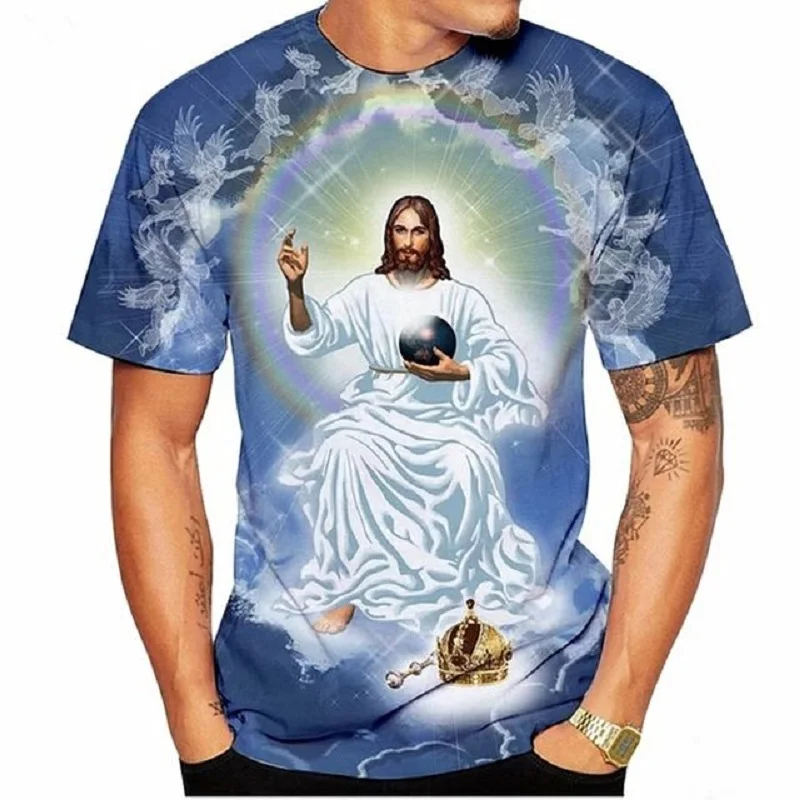 Letné streetwear Harajuku cartoon muţi a ţeny T-shirt muž Ježiš náboženstvo 3D tlač ležérne módne trendy oblečenie 2
