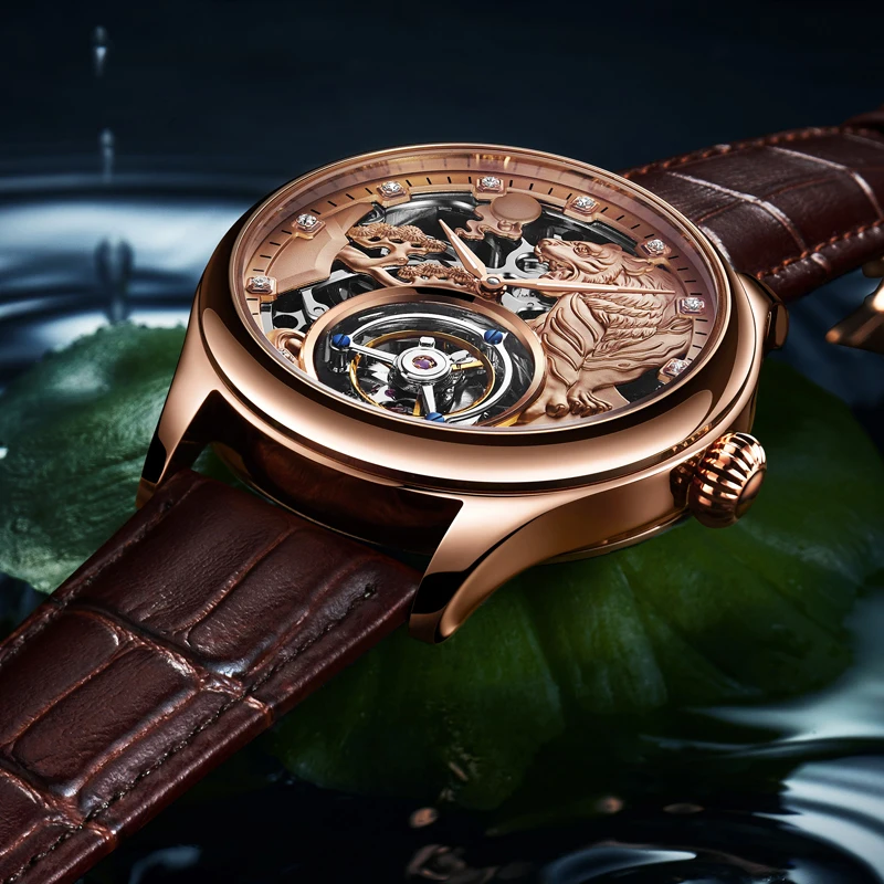 Luxusné hodinky mužov dizajnér značky slávny AESOP kostra hodinky tourbillon sapphire nepremokavé tiger kryštály dial ružové zlato striebro 2