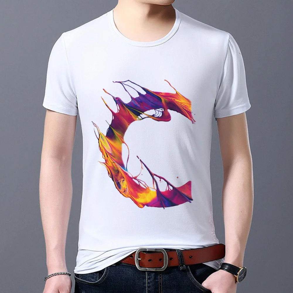 Oblečenie pre mužov Jednoduché T-shirt Tlače 26 anglickej Abecedy Série B Letter Tlač Maľovať O-krku Bežné Prímestských Slim Soft Top 2