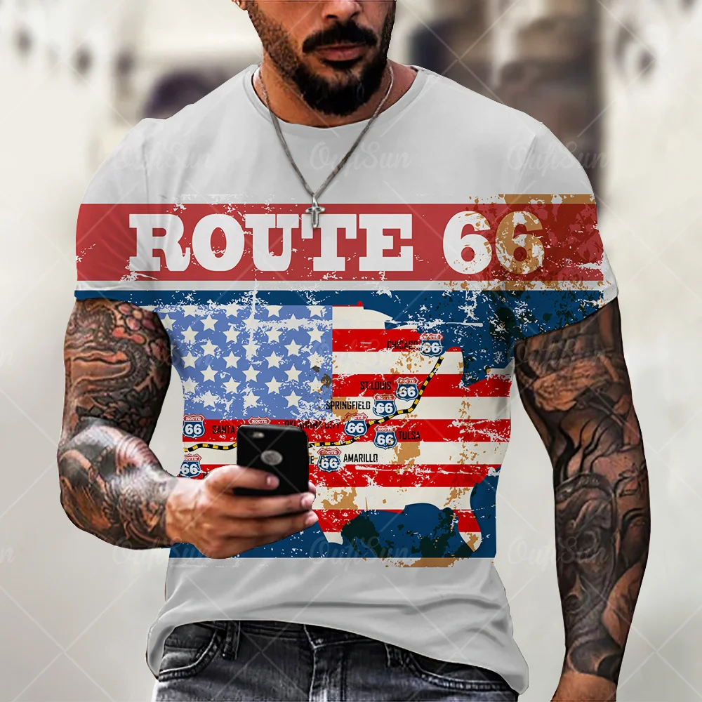 Pánske krátke rukávy T-shirt, ročník voľné tričko, veľké, tlačené s Americkou vlajkou, Highway 66, jar a Jeseň 2