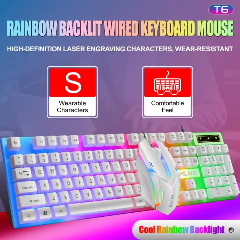 T6 USB Káblové Klávesnice Myši Nastaviť Rainbow LED Podsvietenie Herné Klávesnice Gaming Myš Pre Notebook PC 2 Voliteľné Farby 2