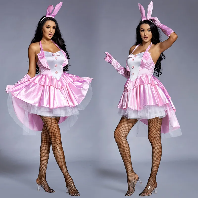 Umorden Žien 3 Ks Sexy Kostým Bunny Dievča Smoking Chvosty Halloween Klubu Strany Efektné Šaty Plus Veľkosť Ružová 2