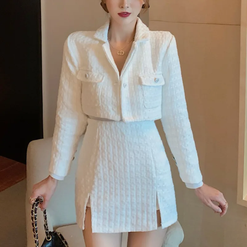 Vysoká Kvalita 2021 Jeseň Zima 2 Dielna Sada Ženy Oblečenie Móda Kórejský Elegantný Štíhly Krátka Bunda, Kabát + Sukne Dve Kus Vyhovuje 2
