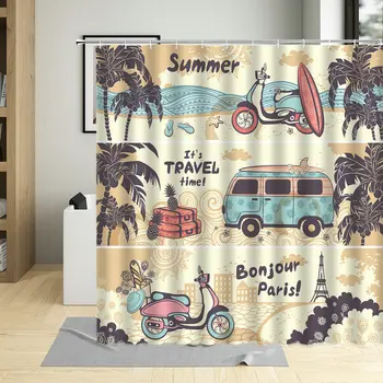 Vintage Letné Cestovanie Plagát Sprchový Záves Surfovať Palube Autobusu Palm Beach Ice Cream Truck Ilustrácia Deti Kúpeľňa Dekor Záclony