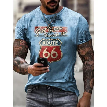 Letné Nové Pánske Tričká Nadrozmerné Voľné Oblečenie Vintage Krátky Rukáv Fashion Amerike Route 66 Písmená Tlačené O Muchárik Tričko 3