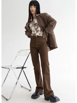 Hnedé Vysoký Pás dámske Džínsy Streetwear kórejský Módne Rovné Denim Nohavíc Vintage Bežné Harajuku Micro Horela Jean Nohavice