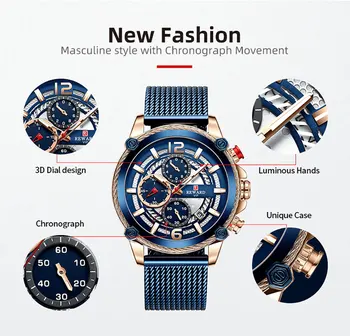 Odmena Mužov Quartz náramkové hodinky Luxusné multifunkčné Chronograf Nepremokavé Športové pánske Hodinky Plné Nerezové Náramkové Hodinky 5