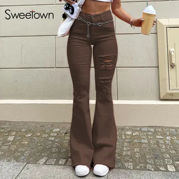 Sweetown Vintage Brown Pevné Nové Horela Džínsy Žena Vysoký Pás Streetwear Joggers Otvory Štíhle Sexy Dievča Džínsové Nohavice 90. rokov