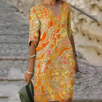 Vintage Tlač Sundress Ženy Tvaru Polovičný Rukáv A-Line Šaty Bežné 2022 Módne Letné Žena Voľné Dámy Vestidos