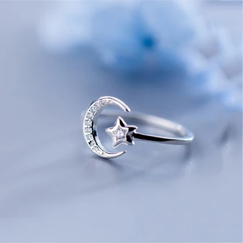 Skutočné 925 Sterling Silver Minimalistický Zirkón Moon Star Otvorenie Krúžku Pre Očarujúce Ženy Strany Jemné Šperky Roztomilý 2019 Darček