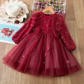 Dievča Roztomilý Kostým 2021 Jarné Oblečenie Detí Oka Bavlna Party Šaty s Svietidla Rukáv Princezná plesové Šaty 3