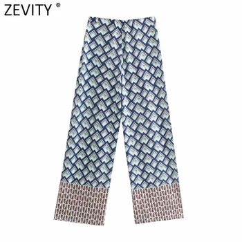 Zevity Ženy Vintage Farby Zápasu Geometrických Tlač Patchwork Rovné Nohavice Žena Elegantný Elastický Pás Nohavíc Pantalones P1178