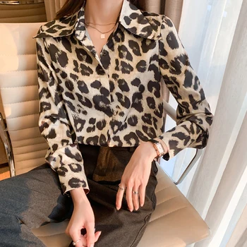 2021 Jeseň Fashion Leopard Ženy, Blúzky, Topy Vintage Dlhý Rukáv Tlačidlo Hore Ženy Košele Tlač Oblečenie Košieľka Femme 16499
