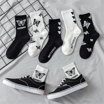 Jar Zimné dámske Black White Butterfly Unisex Ponožky Streetwear Šport Harajuku Posádky Módne Skateboard Sokken Dropshipping