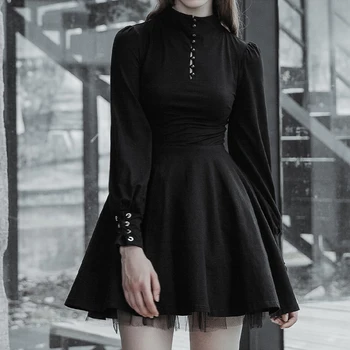 Gotická Skladaný Šaty Žien Módne Čierne Frock Dlhý Rukáv Lolita Streetwear Vysoký Pás Feamel Bežné Strany Klubu Šaty Jeseň