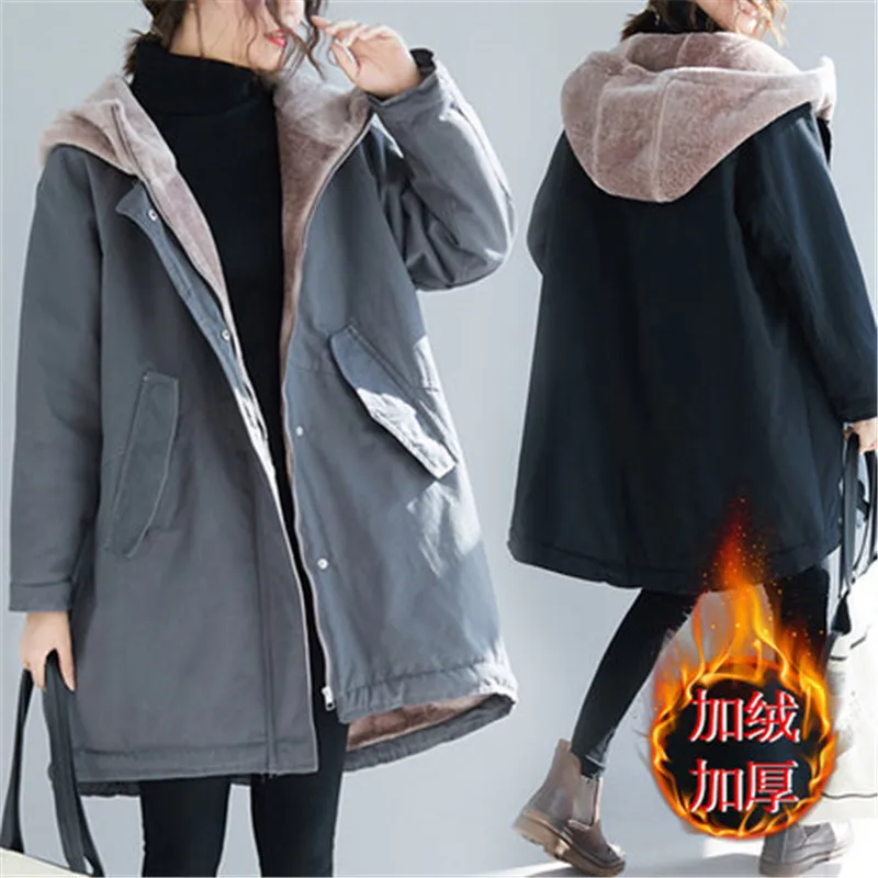 2022 Nové Módne Veľké Veľkosti Jeseň Zimné Kabáty Oblečenie pre Ženy Plus Velvet Bunda Voľné Kapucňou Dlho Parkas Zvrchníky N1160 3