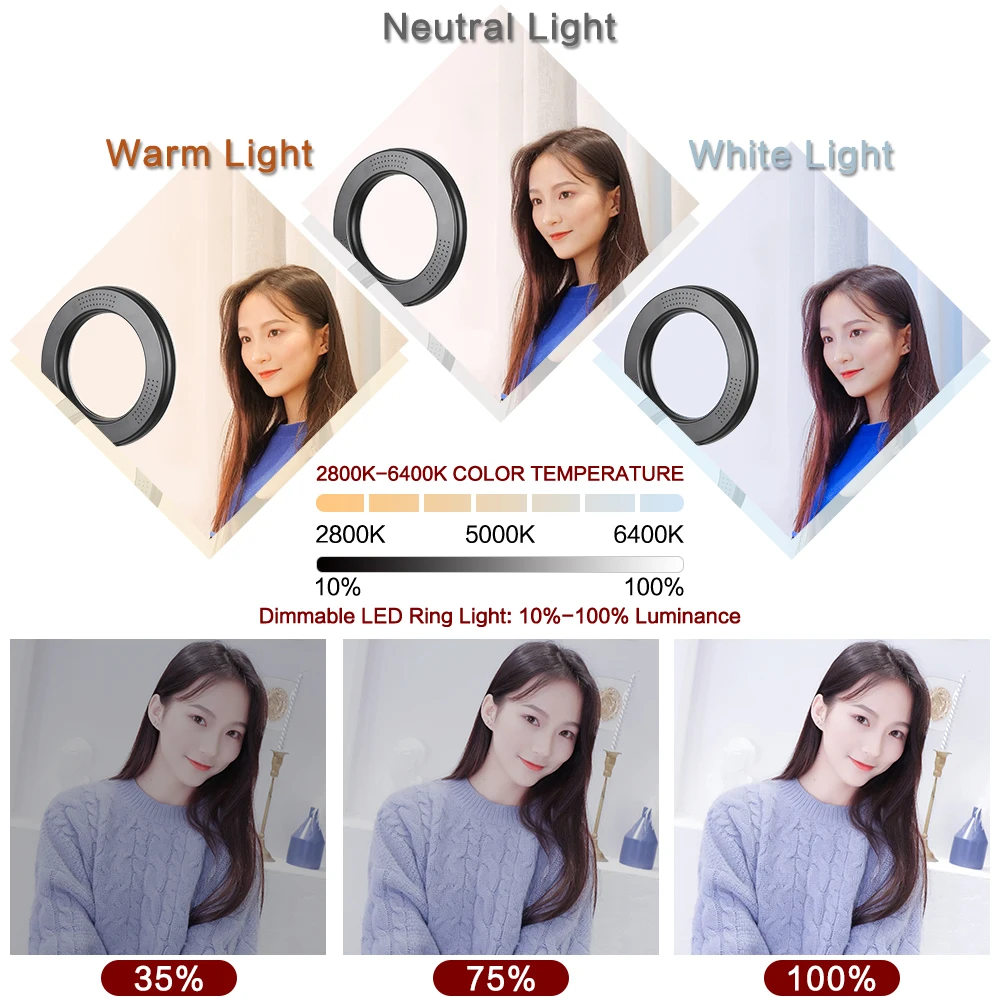6 palcový RGB Krúžok Svetlo Selfie LED lampy 3000-6500K s Statív Stojan pre Live Stream/Make-Up/YouTube/Fotografie/Video Nahrávanie 3