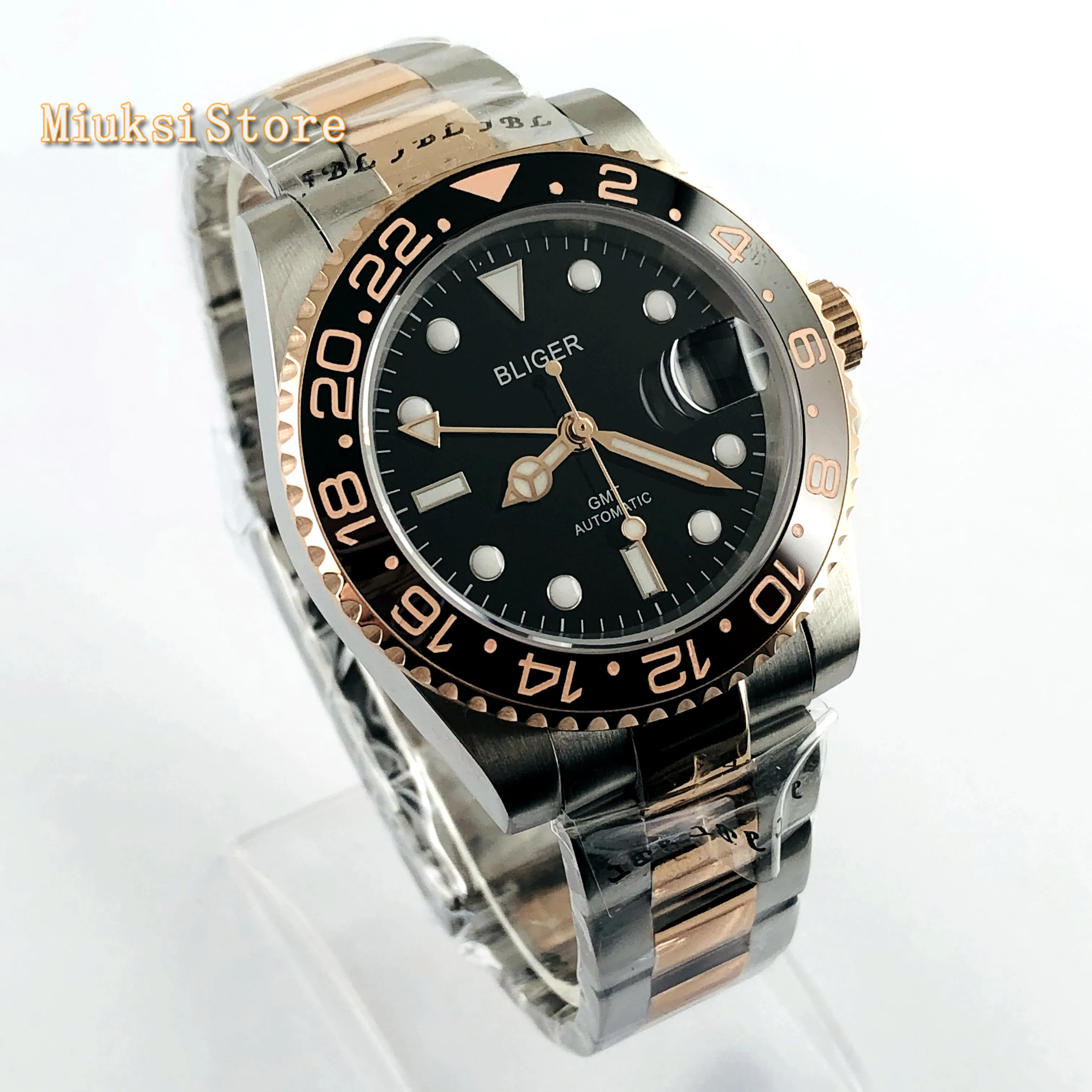 Bliger 40 mm mens top business sledovať GMT black dial zafírové sklo keramická fazeta dátum okno, svetelný automatické mechanické hodinky 3