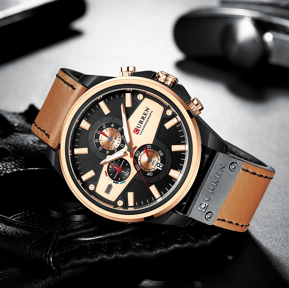 CURREN Mužov Sledovať Vojenské Kožený Remienok Luxusné náramkové hodinky Quartz pre Mužov Kreatívny Dizajn Vodotesné Hodiny s Svetelný 3