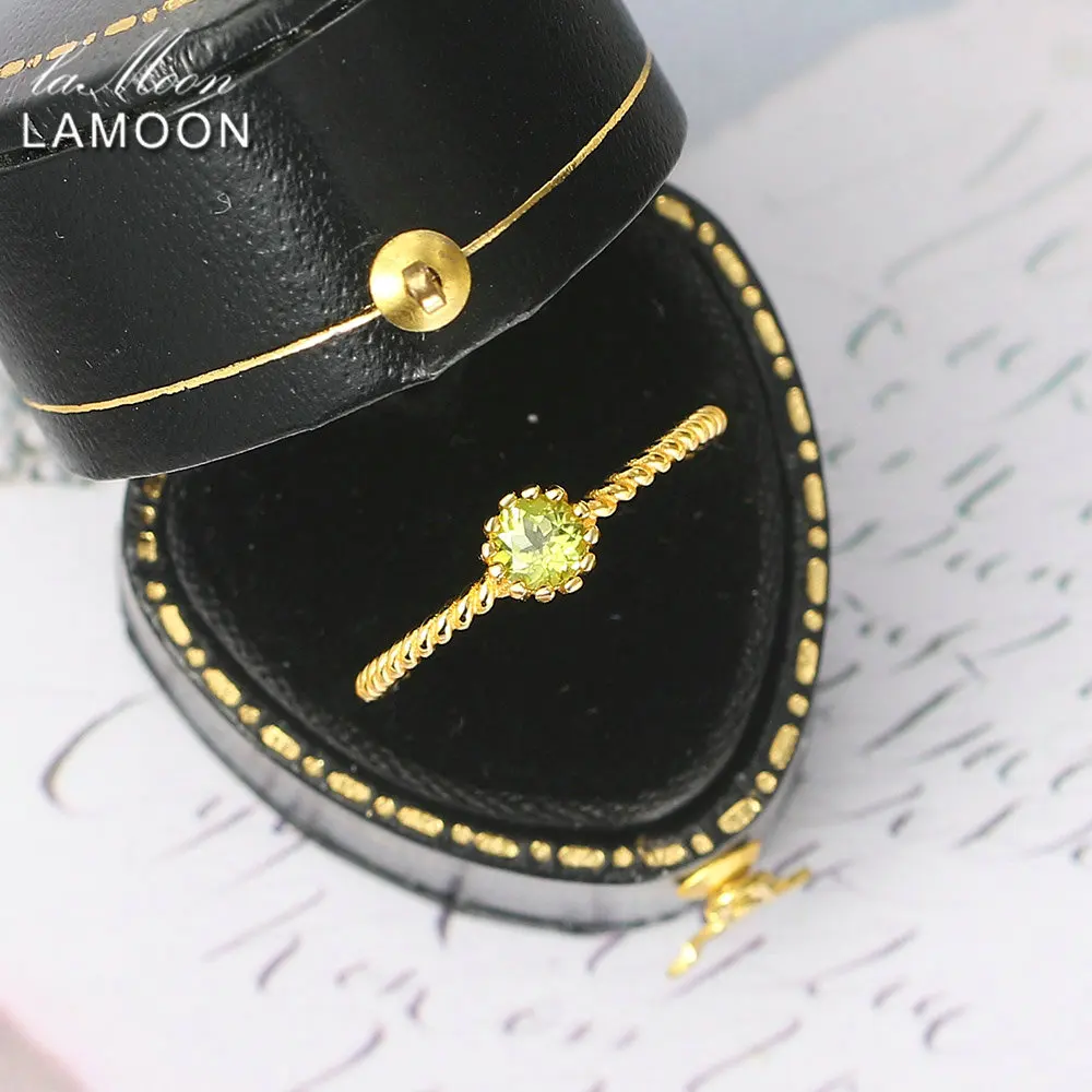 LAMOON 925 Strieborný Prsteň Pre Ženy Prírodné Peridot Drahokam 14K Zlata Plátovaného Jemné Šperky Twist kórejský Krúžok Šťastie Kameň Bijou RI121 3