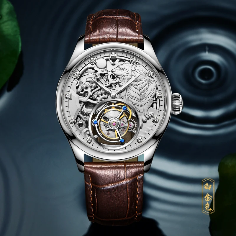 Luxusné hodinky mužov dizajnér značky slávny AESOP kostra hodinky tourbillon sapphire nepremokavé tiger kryštály dial ružové zlato striebro 3