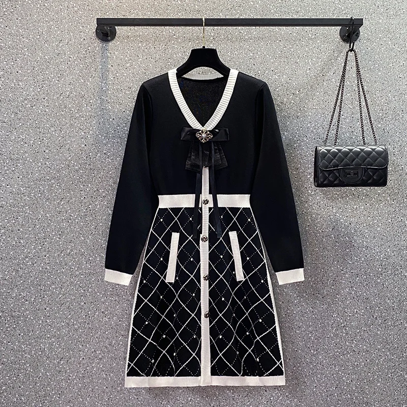 Malé Vôňa Vintage Pletený Sveter Šaty Žien Luk Tlačidlá Mini Šaty Jeseň Zimné Móda Bežné Čierne Rúcho Femme Vestidos 3