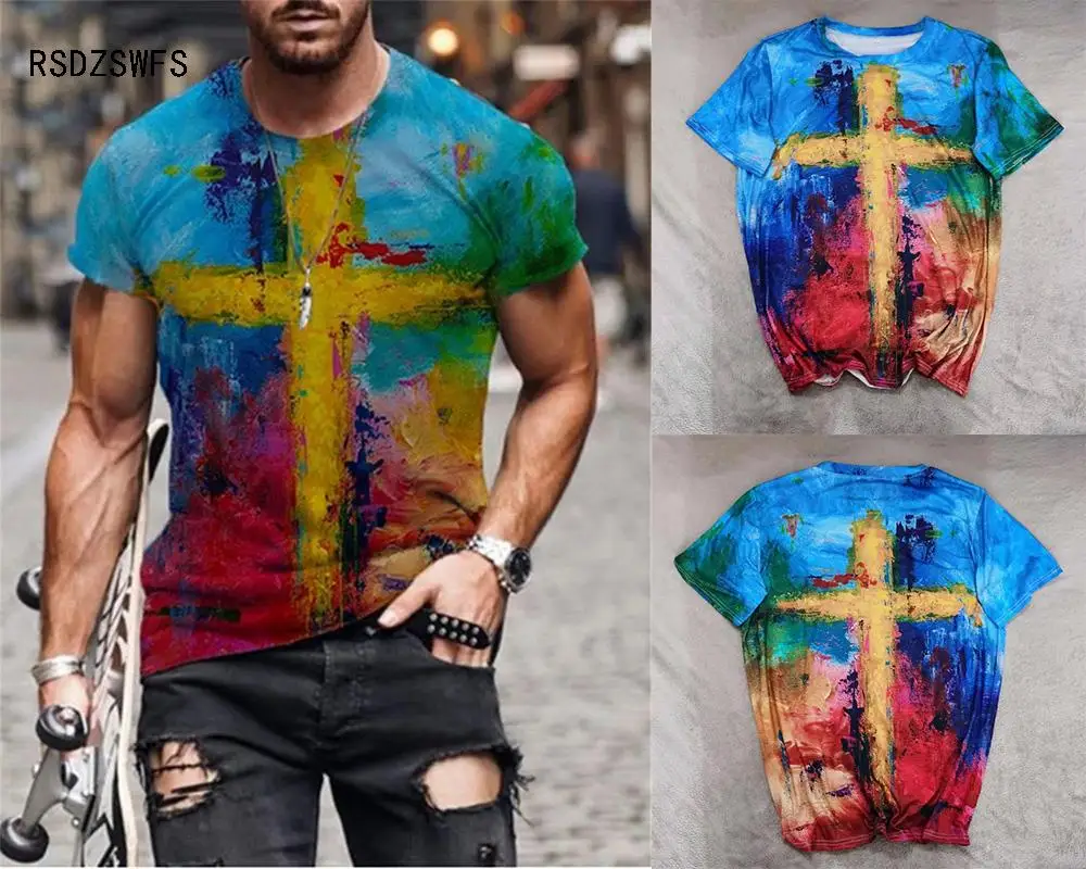 Muži Tlačiť Farebné Kríž Vzor 3dt Tričko Oblečenie Nadrozmerná Tričko Tričko Lete Príležitostné Športové Trend Hip-Hop Krátke Rukávy 3
