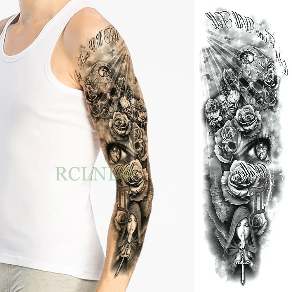 Nepremokavé Dočasné Tetovanie Nálepky oko hodiny vták Pagoda plný rameno veľká veľkosť falošné tatto flash tetovanie rukáv tato pre mužov, ženy 3