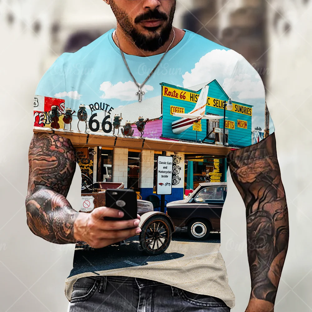 Pánske krátke rukávy T-shirt, ročník voľné tričko, veľké, tlačené s Americkou vlajkou, Highway 66, jar a Jeseň 3