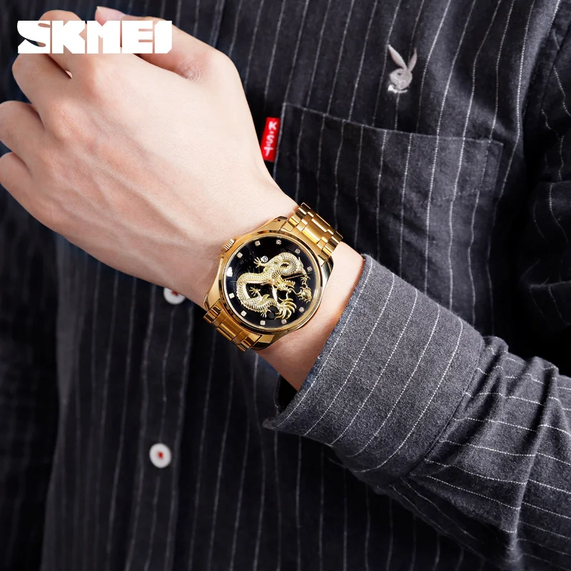 Top Značky Luxusné Golden Dragon Quartz Muži Hodinky SKMEI Nepremokavé Nerezové náramkové hodinky Muž Hodiny Relogio Masculino 3
