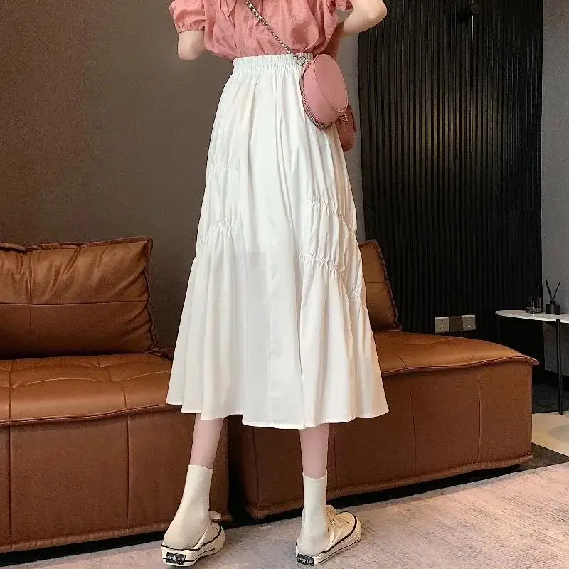 Vintage A-line Skladaný Dlhé Sukne Lete Ženy HighWaist kórejský Elegantné Dlhé Sukne Streetwear Elastický Pás Midi Sukne pre Študentov 3