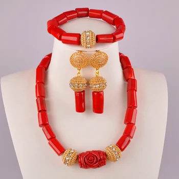 Nevesta Svadobné Šperky Nigéria Svadobné Červený Korál Perličiek Náhrdelník Náramok Náušnice Nastaviť Afriky Šperkov AU-16