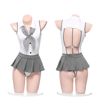 Sexy Spodnú Bielizeň Fandiť Learder Cosplay Kostýmy Jeden Kus Kombinézu Teddy S Mini-Sukne Sailor Moon Oblečenie Šedá Biela Erotický Set