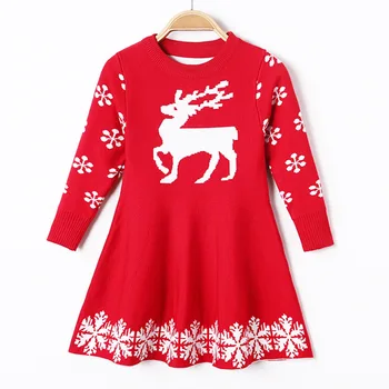 Dievčatá Vianočné Pletenie Sveter Party Šaty pre Dievčatá Zimné Jeseň Plná Rukáv Elk Jeleň Tlač Dievča Oblečenie 2021 Nový Rok