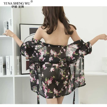 Japonskom Štýle Kimono Šaty Ženy Sexy Transparentné Yukata Kvetinový Tlač Sleepwear Spodné Prádlo, Erotické Šifón Nightgown Pláži Kabát