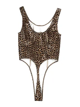 TiaoBug Ženy Leopard Tlač Lakovanej Kože Catsuit Bez Rukávov High Cut Kombinézu Tesný Romper Jumpsuit Plavky, Plavky, Bikiny